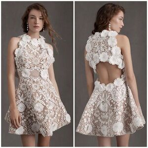 New Helen O'Connor Daisy Dress Mini Flare Open Back Floral Applique White Sz 14